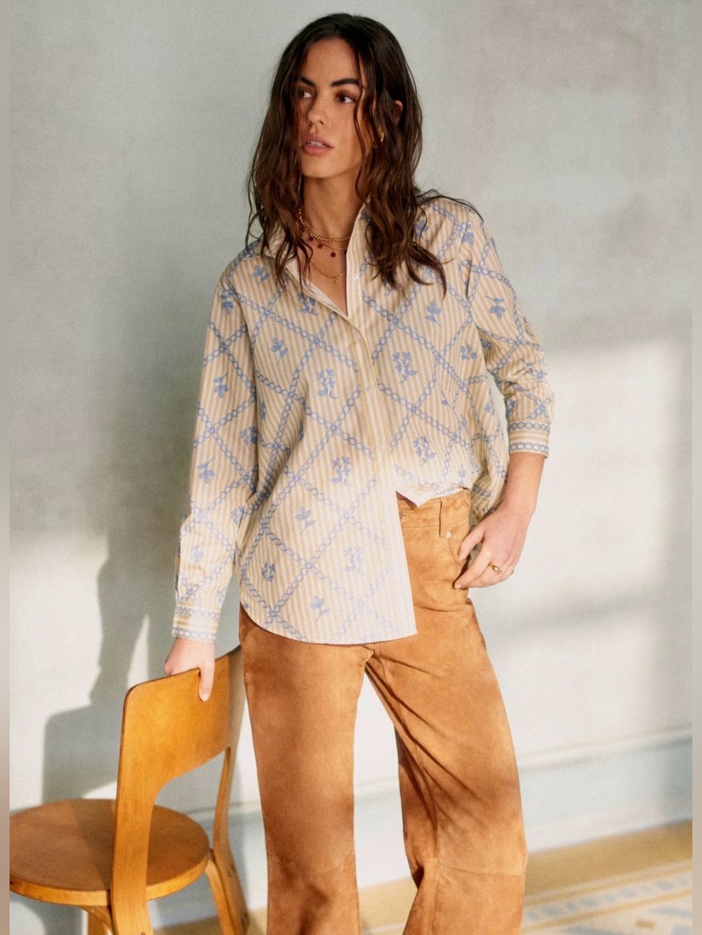 Sezane Cream Blouse with Light Blue Floral Print
